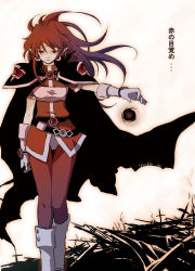 Rule 34 | 1girl, boots, cape, darkness, earrings, gloves, jewelry, knee boots, lina inverse, long hair, magic, pointy ears, power, red eyes, red hair, ruins, slayers, solo, yoshin