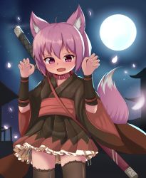 Rule 34 | 1girl, absurdres, animal ears, arm warmers, brown dress, brown thighhighs, building, claw pose, collar, commentary, cowboy shot, dress, fang, fox ears, fox tail, full moon, highres, hotel01, looking at viewer, moon, night, obi, open mouth, original, outdoors, petals, petticoat, pink eyes, pink hair, pleated skirt, sash, scabbard, sheath, short hair, skirt, solo, standing, sword, tail, thighhighs, weapon