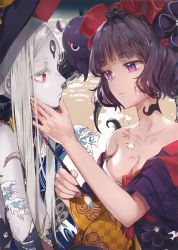 Rule 34 | 2girls, abigail williams (fate), abigail williams (third ascension) (fate), animal, bare shoulders, black hat, black kimono, bodypaint, bow, breasts, calligraphy brush, cleavage, closed mouth, collarbone, colored skin, commentary request, dangmill, eye contact, fate/grand order, fate (series), fine art parody, hair ornament, hairpin, hand on another&#039;s face, hand up, hat, holding, holding paintbrush, japanese clothes, katsushika hokusai (fate), keyhole, kimono, long hair, looking at another, medium breasts, multiple girls, nihonga, obi, octopus, off shoulder, orange bow, paintbrush, pale skin, parody, parted bangs, polka dot, polka dot bow, print kimono, profile, purple eyes, purple hair, purple kimono, red eyes, revision, sash, suction cups, tattoo, tentacles, third eye, ukiyo-e, upper body, very long hair, waves, white hair, white skin, witch hat