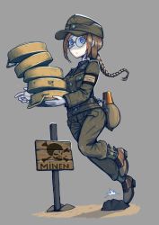 Rule 34 | 1girl, anti-tank mine, bomb, braid, braided ponytail, breast pocket, canteen, erica (naze1940), explosive, germany, glasses, hat, highres, imminent death, long hair, m6 mine, military, military uniform, mine (weapon), original, pocket, single braid, soldier, solo, tripping, uniform, weapon, world war ii