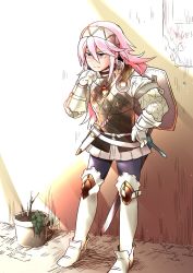 Rule 34 | 1girl, closed mouth, dagger, fire emblem, fire emblem fates, flower pot, full body, gloves, hairband, highres, knife, long hair, long sleeves, nintendo, pink eyes, pink hair, scabbard, sekaihebi, sheath, sheathed, soleil (fire emblem), solo, standing, sword, weapon, white hairband