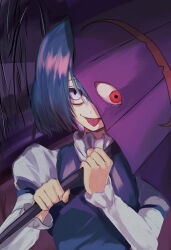 Rule 34 | 1girl, absurdres, blue eyes, blue hair, blue vest, closed mouth, commentary request, hair between eyes, highres, holding, holding umbrella, horror (theme), juliet sleeves, karakasa obake, long sleeves, looking at viewer, medium bangs, mendou jun, one eye covered, puffy sleeves, purple umbrella, red eyes, shirt, short hair, smile, solo, tatara kogasa, tongue, tongue out, touhou, umbrella, upper body, vest, white shirt