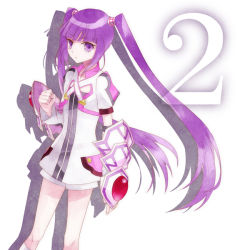 Rule 34 | 1girl, bad id, bad pixiv id, clenched hand, cropped jacket, gauntlets, md5 mismatch, official alternate costume, purple eyes, purple hair, short shorts, shorts, solo, sophie (tales), tales of (series), tales of graces, three plates, twintails, white background, white shorts