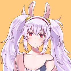 Rule 34 | 1girl, absurdres, animal ears, artist name, azur lane, blush, closed mouth, collarbone, commentary, disco brando, english commentary, expressionless, fake animal ears, hair between eyes, hairband, head tilt, highres, jacket, laffey (azur lane), long hair, looking at viewer, off shoulder, orange background, pink jacket, rabbit ears, red eyes, sidelocks, silver hair, simple background, solo, spaghetti strap, strap slip, tank top, twintails, twitter username