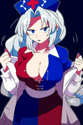 Rule 34 | 1girl, blue background, blue dress, blue eyes, blue hat, bollzzalguy, braid, breasts, collarbone, collared shirt, cowboy shot, cross, dress, grey hair, hat, highres, lab coat, large breasts, long hair, multicolored clothes, multicolored dress, nurse cap, parted bangs, parted lips, red cross, red dress, sash, shirt, simple background, single braid, solo, touhou, undressing, very long hair, white sash, yagokoro eirin