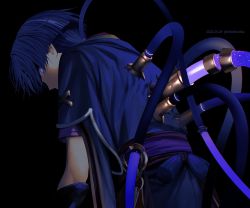 Rule 34 | 1boy, arm armor, artist name, back, belt, black background, blue hair, blue shirt, blue shorts, chinikuniku, closed mouth, dated, genshin impact, hair between eyes, looking back, pom pom (clothes), purple belt, purple eyes, scaramouche (genshin impact), scaramouche (shouki no kami) (genshin impact), shirt, short sleeves, shorts, simple background, solo, standing, tube, watermark