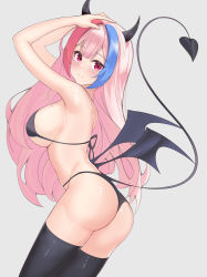 Rule 34 | 1girl, absurdres, armpits, arms up, ass, bare arms, bare shoulders, bikini, black bikini, black thighhighs, breasts, cowboy shot, demon girl, demon horns, demon tail, demon wings, from side, halterneck, highres, horns, large breasts, long hair, looking at viewer, looking to the side, mole, mole under eye, multicolored hair, original, parfait desu, parfy (parfait ehmy), parted lips, pink eyes, pink hair, solo, standing, streaked hair, string bikini, swimsuit, tail, tail raised, thighhighs, wings