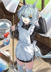 Rule 34 | 1girl, :d, absurdres, alternate costume, animal ears, apron, blue eyes, bucket, commentary request, grey hair, hair ornament, hand on own head, highres, horse ears, horse girl, horse tail, long sleeves, looking at viewer, mop, open mouth, seiun sky (umamusume), shidare (youh4016), short hair, smile, solo, standing, tail, thighhighs, umamusume, white thighhighs, zettai ryouiki