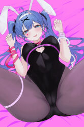 1girl ahoge animal_ears bed_sheet black_leotard black_ribbon blue_eyes blue_hair blush breasts brown_pantyhose cameltoe clothing_cutout commentary_request cuffs cutout_above_navel eikawa_suru fake_animal_ears hair_ornament hair_ribbon handcuffs hands_up hatsune_miku heart heart_cutout heart_hair_ornament highleg highleg_leotard highres leotard long_hair lying medium_breasts on_back open_mouth pantyhose pink_pupils playboy_bunny rabbit_ears rabbit_hole_(vocaloid) red_ribbon ribbon solo spread_legs teardrop_facial_mark thigh_strap twintails vocaloid x_hair_ornament