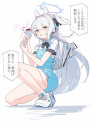 Rule 34 | 1girl, angel&#039;s 24 uniform (blue archive), apron, blue apron, blue archive, blue skirt, collared shirt, commentary request, grey hair, hair between eyes, hair intakes, halo, headgear, headphones, headset, highres, holding, long hair, looking at viewer, miyako (blue archive), on one knee, one side up, open mouth, osisio, purple eyes, shadow, shirt, shoes, short sleeves, simple background, skirt, solo, translation request, very long hair, white background, white footwear, white shirt