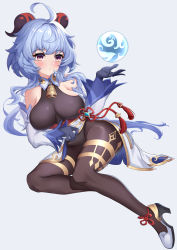 Rule 34 | 1girl, absurdres, ahoge, bare shoulders, bell, black bodysuit, black gloves, blue hair, blush, bodice, bodysuit, boots, breasts, commentary request, cowbell, detached sleeves, ganyu (genshin impact), genshin impact, gloves, goat horns, grey background, high heel boots, high heels, highres, horns, large breasts, long hair, mz (yeye ai chipao mian), purple eyes, simple background, solo, vision (genshin impact), white footwear