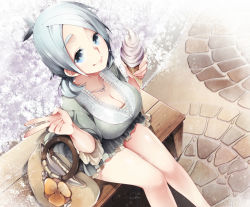 Rule 34 | 1girl, bad id, bad pixiv id, bag, bench, blue eyes, breasts, bright pupils, cleavage, downblouse, eyebrows, flower, food, from above, fubuki shirou, gender request, genderswap, handbag, ice cream, ice cream cone, inazuma eleven, inazuma eleven (series), jewelry, large breasts, looking at viewer, miniskirt, mirunai, necklace, silver hair, sitting, skirt, smile, solo, v