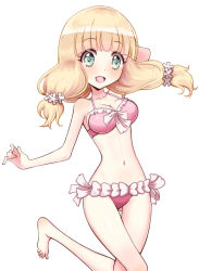 Rule 34 | 1girl, bikini, blonde hair, blush, breasts, green eyes, jashin-chan dropkick, large breasts, long hair, looking at viewer, navel, open mouth, pink bikini, poporon (jashin-chan dropkick), simple background, smile, solo, swimsuit, twintails, white background, yon senpai
