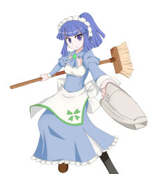 Rule 34 | 1girl, 4chan, blue eyes, blue hair, broom, female focus, highres, jp (4chan), maid headdress, matching hair/eyes, meido (4chan), pantyhose, simple background, solo, thighhighs, vacuum cleaner, white background