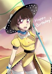 Rule 34 | 1girl, artist name, artist request, belt, black belt, black hat, blue bow, blue choker, blue ribbon, blush, bow, bow gloves, breasts, brown hair, buttons, choker, cloud, collarbone, collared dress, day, dress, female focus, flag, gloves, grey hair, hat, hat bow, hat ribbon, highres, holding, holding flag, light brown hair, looking at viewer, love live!, love live! nijigasaki high school idol club, love live! school idol festival, medium breasts, miniskirt, nakasu kasumi, neck ribbon, outdoors, parted lips, pink eyes, plaid, plaid dress, plaid skirt, pleated, pleated dress, pleated skirt, polka dot, polka dot dress, polka dot headwear, polka dot skirt, poppin&#039; up (love live!), puffy short sleeves, puffy sleeves, purple eyes, ribbon, short hair, short sleeves, skirt, sky, smile, solo, string of flags, sunset, top hat, white bow, white gloves, white legwear, white ribbon, wrist bow, yellow dress, yellow hat, yellow skirt