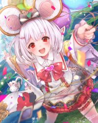 Rule 34 | 1girl, animal, animal ears, balloon, blush, bridal garter, brooch, confetti, crop top, dated, fake animal ears, frills, granblue fantasy, grass, hair ornament, hairclip, heart, heart brooch, holding, holding balloon, japanese clothes, jewelry, kimono, long sleeves, mouse (animal), mouse ears, n:go, navel, open mouth, red eyes, red neckwear, signature, skirt, sparkle, vikala (granblue fantasy), white hair, wide sleeves