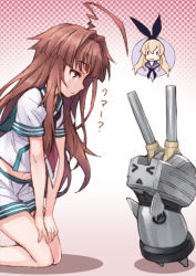 Rule 34 | &gt; &lt;, 10s, 2girls, ahoge, bad id, bad pixiv id, blonde hair, brown eyes, brown hair, closed eyes, hairband, halftone, halftone background, huge ahoge, kantai collection, kneeling, kuma (kancolle), long hair, matsuryuu, multiple girls, navel, personification, rensouhou-chan, shimakaze (kancolle), shorts, spoken character, triangle mouth