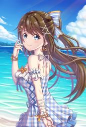 Rule 34 | 1girl, aqua bow, aqua eyes, aqua nails, aqua one-piece swimsuit, aqua ribbon, arm garter, arm ribbon, artist name, artist request, bare shoulders, beach, blue bow, blue eyes, blue one-piece swimsuit, blue sky, blush, bow, bow earrings, breasts, brown hair, butterfly (symbol), checkered clothes, checkered swimsuit, cleavage, cloud, collarbone, criss-cross halter, cross-laced clothes, cross-laced one-piece swimsuit, day, dress, dress swimsuit, earrings, female focus, floating hair, frilled swimsuit, frills, from behind, hair between eyes, hair bow, hair ornament, hairclip, half updo, halterneck, high ponytail, highres, jewelry, long hair, looking at viewer, looking back, love live!, love live! nijigasaki high school idol club, love live! school idol festival, medium breasts, nail, nail polish, ocean, one-piece swimsuit, osaka shizuku, outdoors, palm tree, parted lips, pearl hair ornament, plaid, plaid dress, pleated, pleated dress, ponytail, ribbon, sideboob, single wrist cuff, sky, smile, solo, star (symbol), star hair ornament, striped, striped bow, swimsuit, tree, wavy hair, white ribbon, white wrist cuffs, wrist cuffs, x hair ornament