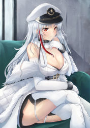 Rule 34 | absurdres, azur lane, breasts, brown eyes, coat, gloves, highres, large breasts, long hair, looking at viewer, mole, mole on breast, multicolored hair, nori aji, simple background, skirt, solo, tallinn (azur lane), thighhighs, white coat, white hair