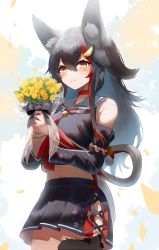 Rule 34 | 1girl, absurdres, animal ear fluff, animal ears, bare shoulders, black hair, black shirt, black skirt, blush, bouquet, brown hair, choker, closed mouth, commentary request, crop top, detached sleeves, flower, hair between eyes, hair ornament, highres, holding, holding bouquet, hololive, kabedoru, long hair, long sleeves, midriff, multicolored hair, neckerchief, ookami mio, ookami mio (1st costume), pleated skirt, red choker, red hair, red neckerchief, sailor collar, shirt, skirt, smile, solo, streaked hair, tail, tail around own leg, tail wrap, virtual youtuber, white sailor collar, wolf ears, wolf girl, wolf tail, yellow flower