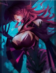 Rule 34 | 1girl, absurdres, blazblue, blazblue: central fiction, breasts, cleavage, detached collar, dress, hair over one eye, hat, highres, huge breasts, konoe a. mercury, long fingers, long hair, narrow waist, pink hair, purple dress, riftka, solo, tagme, wavy hair, witch hat, yellow eyes