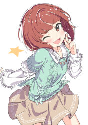 Rule 34 | 1girl, ;3, blunt bangs, blush, brown skirt, character name, cowboy shot, dot nose, finger to cheek, frilled shirt, frilled shirt collar, frills, green sweater, idolmaster, idolmaster million live!, idolmaster million live! theater days, kuresuku (lessons), long sleeves, looking at viewer, nonohara akane, official alternate costume, official alternate hairstyle, one eye closed, private dress (idolmaster million live!), red eyes, red hair, shirt, short hair, sidelocks, simple background, skirt, smile, solo, star (symbol), starry background, straight hair, sweater, v-shaped eyebrows, white background, white shirt