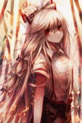 Rule 34 | 1girl, baggy pants, bamboo, bamboo forest, blush, bow, buttons, collared shirt, commentary request, fire, forest, fujiwara no mokou, hair between eyes, hair bow, highres, long hair, maho moco, nature, ofuda, ofuda on clothes, pants, red eyes, red pants, shirt, short sleeves, solo, suspenders, touhou, very long hair, white bow, white hair, white shirt