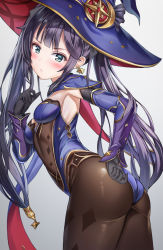 Rule 34 | 1girl, absurdres, arched back, armpits, ass, black gloves, black hair, blue eyes, blue hat, blue leotard, breasts, brown pantyhose, cape, cowboy shot, detached sleeves, earrings, frown, genshin impact, gloves, hand on own hip, hat, highres, index finger raised, jewelry, kitin, leotard, long hair, long sleeves, looking at viewer, lying, md5 mismatch, medium breasts, mona (genshin impact), on side, pantyhose, resolution mismatch, sidelocks, simple background, solo, source smaller, standing, twintails, v-shaped eyebrows, white background, witch hat