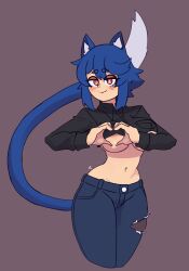 Rule 34 | 1girl, absurdres, animal ear fluff, animal ears, arched back, black shirt, blue hair, blue jeans, blush, breasts, cat ears, cat girl, cat tail, closed mouth, collared shirt, cowboy shot, crop top, denim, doce, fang, female focus, freckles, half-closed eyes, heart, heart-shaped boob challenge, heart hands, highres, jeans, large breasts, looking at viewer, navel, original, pants, pink eyes, shirt, short hair, simple background, skin fang, smile, solo, tail, torn clothes, torn jeans, torn pants, underboob, xiao (docecaedrus)