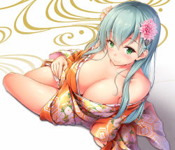 Rule 34 | 1girl, alternate costume, aqua hair, arm support, awa yume, bare shoulders, blush, breasts, collarbone, flower, from above, green eyes, hair flower, hair ornament, hairclip, japanese clothes, kantai collection, kimono, large breasts, long hair, looking at viewer, off shoulder, orange kimono, pink flower, sitting, smile, solo, suzuya (kancolle), wide sleeves, yokozuwari