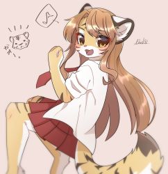 Rule 34 | 1girl, animal ears, blush, brown eyes, brown hair, female focus, furry, furry female, highres, long hair, looking at viewer, musical note, nachiwanko, necktie, open mouth, original, pleated skirt, red necktie, red skirt, signature, skirt, solo, spoken musical note, tail, tiger ears, tiger tail