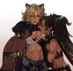 3girls absurdres alternate_skin_color animal_ears back bare_shoulders blonde_hair breast_pillow breasts candace_(genshin_impact) cleavage closed_eyes commentary dark-skinned_female dark_skin dehya_(genshin_impact) fingernails genshin_impact girl_sandwich grabbing_another&#039;s_breast green_eyes groping hair_between_eyes high_ponytail highres jaguar_ears jaguar_girl lart_art1 long_hair looking_at_viewer midriff multiple_girls navel ponytail red_nails sandwiched sharp_fingernails short_hair simple_background smile spanish_commentary tongue tongue_out very_long_hair white_background xilonen_(genshin_impact) yuri