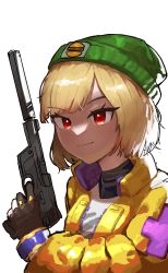 Rule 34 | 1girl, beanie, black gloves, blonde hair, canindaeyo, closed mouth, cosplay, gloves, green hat, gun, handgun, hat, highres, holding, holding gun, holding weapon, jacket, jingburger, killjoy (valorant), killjoy (valorant) (cosplay), looking at viewer, partially fingerless gloves, portrait, red eyes, shirt, short hair, simple background, smile, solo, suppressor, valorant, virtual youtuber, waktaverse, weapon, white background, white shirt, yellow jacket