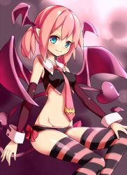 Rule 34 | 1girl, bare shoulders, black panties, blush, bow, breasts, closed mouth, cuff links, demon girl, demon tail, hair between eyes, head wings, looking at viewer, midriff, navel, necktie, original, panties, pointy ears, rafira merudisu, sitting, small breasts, smile, solo, striped clothes, striped thighhighs, tail, thighhighs, unacchi (nyusankin), underwear, wings