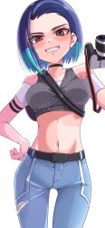 Rule 34 | 1girl, absurdres, bare shoulders, between breasts, black choker, blue hair, bob cut, breasts, brown eyes, camera, choker, collarbone, coralreef966, creatures (company), crop top, denim, game freak, gluteal fold, gradient hair, grey shirt, grin, hand on own hip, highres, holding, holding camera, jeans, large breasts, loose hair strand, midriff, multicolored hair, navel, nintendo, pants, perrin (pokemon), pokemon, pokemon sv, ribbed shirt, shirt, sleeveless, sleeveless shirt, smile, solo, strap between breasts, undershirt, v-neck, v-shaped eyebrows