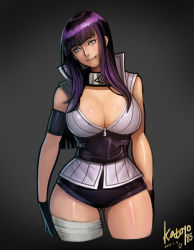 Rule 34 | 1girl, adapted costume, bandages, bare shoulders, blunt bangs, blush, breasts, cleavage, curvy, dated, eyelashes, hime cut, hyuuga hinata, katoyo85, large breasts, long hair, looking at viewer, micro shorts, naruto: the last, naruto (series), no bra, purple eyes, purple hair, short shorts, shorts, smile, solo, standing, thick thighs, thighs, unzipped, wide hips