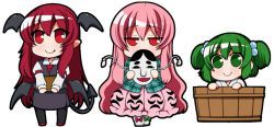 Rule 34 | 3girls, book, bow, bubble skirt, bucket, chibi, demon girl, demon tail, demon wings, eichi yuu, expressionless, fang, fox mask, green eyes, green hair, hair bobbles, hair ornament, hata no kokoro, in bucket, in container, japanese clothes, jitome, juliet sleeves, kimono, kisume, koakuma, long hair, long sleeves, mask, mouth mask, multiple girls, oni mask, pink eyes, pink hair, pointy ears, puffy sleeves, red eyes, red hair, shirt, skirt, skirt set, smile, tail, touhou, two side up, very long hair, vest, wide sleeves, wings, yukata