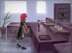 Rule 34 | 1girl, 4xp3u, apron, basket, black footwear, cabinet, carrying, counter, expressionless, frills, from side, holding, holding basket, jar, kitchen, lantern, maid, maid apron, medium hair, original, oven, pantyhose, plant, potted plant, profile, red hair, reflective floor, reflective table, shelf, shoes, solo, table, tray, walking, window