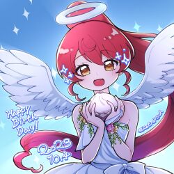 Rule 34 | 1girl, :d, angel, angel wings, baozi, bare shoulders, blue background, blush, commentary request, dated, dress, feathered wings, food, halo, hands up, happy birthday, highres, holding, holding food, long hair, looking at viewer, nana (retroplica), open mouth, own hands together, ponytail, pretty series, pripara, red hair, shiratama mikan, smile, solo, sparkle, white dress, white halo, white wings, wings, yellow eyes
