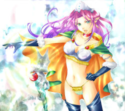 Rule 34 | 1girl, angela (seiken densetsu 3), bikini, breasts, cape, cleavage, earrings, gloves, green eyes, hand on own hip, hat, highres, hip focus, jewelry, large breasts, long hair, magus (seiken densetsu 3), midriff, navel, open mouth, pointy ears, purple hair, ruri (magnolia), seiken densetsu, seiken densetsu 3, square enix, staff, swimsuit, thighhighs, thighs
