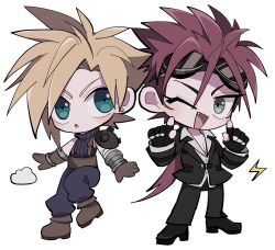 Rule 34 | 2boys, :o, armor, asymmetrical arms, belt, black footwear, black gloves, black pants, black suit, blonde hair, blue eyes, blue pants, boots, brown footwear, brown gloves, chibi, cloud, cloud strife, collared shirt, earrings, eyewear on head, facial mark, final fantasy, final fantasy vii, fingerless gloves, formal, gloves, goggles, goggles on head, green eyes, jewelry, leather belt, lightning bolt symbol, long hair, male focus, messy hair, multiple boys, one eye closed, open clothes, open mouth, open shirt, pants, pauldrons, pointing, pointing up, ponytail, red hair, reno (ff7), shirt, shoes, short hair, shoulder armor, single pauldron, sleeveless, sleeveless turtleneck, smile, spiked hair, spiked pauldrons, stud earrings, suit, suspenders, ttnoooo, turtleneck, white background, white shirt