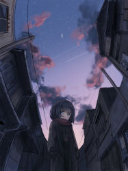 Rule 34 | 1girl, air conditioner, black hair, blue eyes, brown coat, building, cloud, coat, commentary, crescent moon, evening, from below, hands in pockets, highres, moon, neckerchief, original, power lines, red neckerchief, red scarf, sailor collar, sakiika0513, scarf, scenery, shooting star, sky, solo, standing, star (sky), starry sky, town, utility pole, ventilator