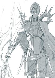 Rule 34 | 1boy, absurdres, cape, closed mouth, fate/grand order, fate (series), gauntlets, glasses, greyscale, highres, holding, holding sword, holding weapon, holster, jewelry, looking at viewer, male focus, monochrome, nakamura regura, necklace, pants, semi-rimless eyewear, sigurd (fate), solo, standing, sword, under-rim eyewear, weapon, white background