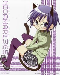 Rule 34 | 1girl, absurdres, animal ears, aoki ume, blue eyes, blue hair, blush, casual, cat ears, cat tail, glasses, hidamari sketch, highres, mary janes, matching hair/eyes, official art, purple thighhighs, sae (hidamari sketch), shoes, short hair, smile, solo, tail, thighhighs