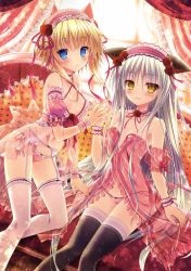 Rule 34 | 2girls, :o, absurdres, animal ears, babydoll, bare shoulders, black legwear, blonde hair, blue eyes, blush, bow, cat ears, cat tail, choker, couch, curtains, flower, garter belt, garter straps, hair flower, hair ornament, hair ribbon, headdress, highres, holding hands, huge filesize, indoors, lace, lace-trimmed legwear, lace trim, lingerie, long hair, looking at viewer, minatsuki alumi, multiple girls, navel, negligee, original, panties, parted lips, pink babydoll, pink panties, red babydoll, ribbon, rose, see-through, silver hair, sitting, smile, tail, thighhighs, underwear, very long hair, white legwear, wrist cuffs, yellow eyes