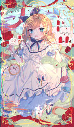 Rule 34 | 1girl, absurdres, alice (alice in wonderland), alice in wonderland, bad id, bad pixiv id, blonde hair, blue eyes, braid, dress, fang, highres, huge filesize, jumping, looking to the side, mole, mole under mouth, open mouth, solo, twin braids, white dress, wine (2148 wine)