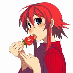 Rule 34 | 1girl, blue eyes, blush, food, fruit, holding, holding food, holding fruit, kusanagi tonbo, licking, original, red hair, red theme, simple background, solo, strawberry, white background