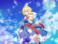 Rule 34 | 1girl, alice margatroid, arm up, black footwear, blonde hair, blue dress, blue eyes, blue sky, boots, breasts, capelet, cato (monocatienus), cleavage, cloud, commentary request, day, dress, feet out of frame, hair between eyes, hairband, large breasts, looking at viewer, outdoors, parted lips, petals, petticoat, red hairband, red neckwear, red sash, sash, short hair, sky, solo, touhou, white capelet