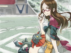Rule 34 | 1girl, arm at side, ascot, belt, breasts, brown eyes, brown hair, closed mouth, creatures (company), dress, eyebrows, eyelashes, fingernails, game freak, gen 4 pokemon, glasses, hanabusa (xztr3448), hand in own hair, hand up, long hair, looking away, multicolored clothes, multicolored dress, nia (pokemon), nintendo, orange belt, over-kneehighs, palms, parted bangs, pink-framed eyewear, pokemon, pokemon (creature), pokken tournament, pouch, semi-rimless eyewear, short dress, short sleeves, sitting, small breasts, smile, stadium, straight hair, thighhighs, turtleneck, under-rim eyewear, wariza, weavile, white ascot