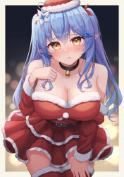 Rule 34 | 1girl, :t, ahoge, bell, black choker, blue hair, blush, breasts, choker, colored tips, detached sleeves, dress, flower, fur-trimmed dress, fur trim, hair between eyes, hair flower, hair ornament, hand on own chest, hat, heart, heart ahoge, highres, hololive, large breasts, leaning forward, long hair, looking at viewer, multicolored hair, neck bell, official alternate costume, pointy ears, pout, red dress, red hat, red thighhighs, santa costume, santa dress, santa hat, short dress, solo, strapless, strapless dress, streaked hair, thighhighs, twintails, typho, virtual youtuber, yellow eyes, yukihana lamy